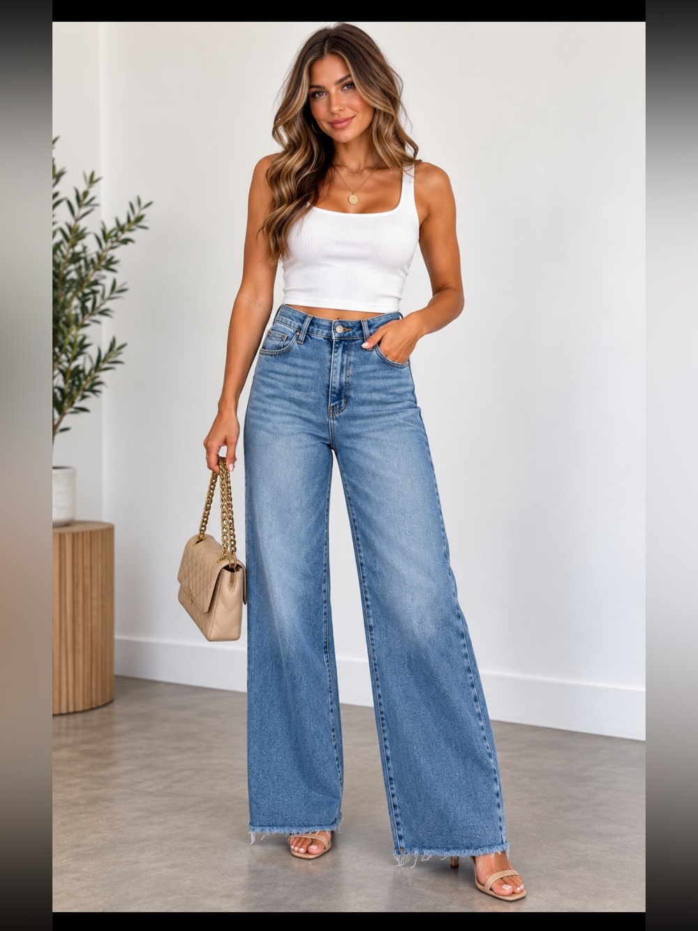 Judy Blue High Rise Wide Leg Jeans 27x30 Medium Wash Raw Hem Stretch 💙